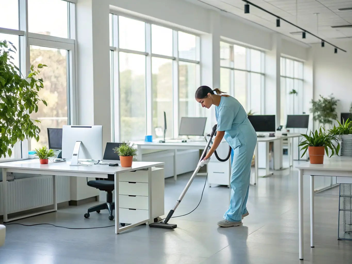 Zdjęcie czystego, nowoczesnego biura z jasnymi, zielonymi akcentami i pracownikami sprzątającymi w tle, symbolizujące profesjonalne sprzątanie biur oferowane przez Czysta Chata.
