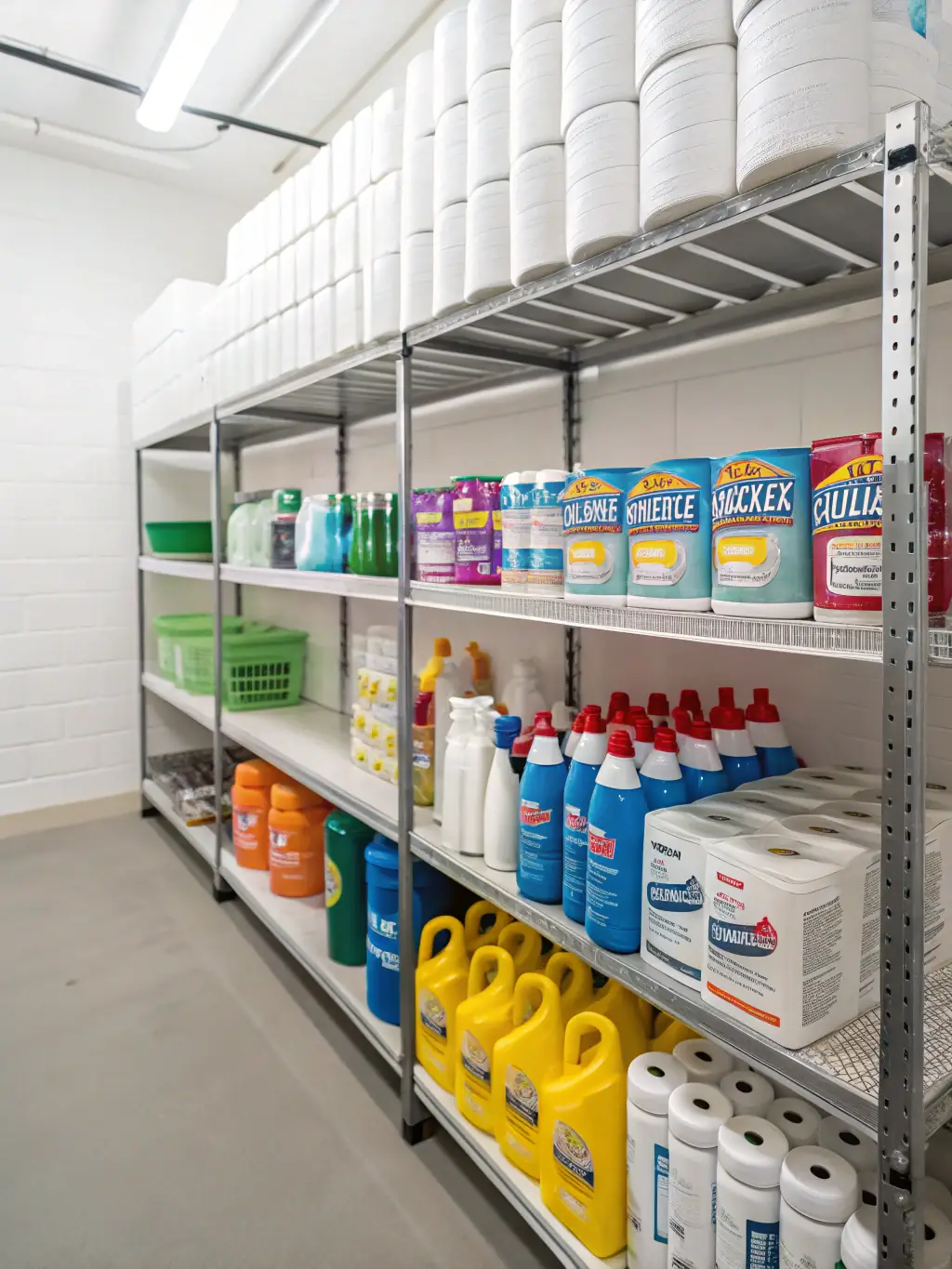 A well-organized cleaning supply closet with various cleaning products and equipment, showcasing the professional tools and resources used by Czysta Chata to deliver high-quality cleaning services.