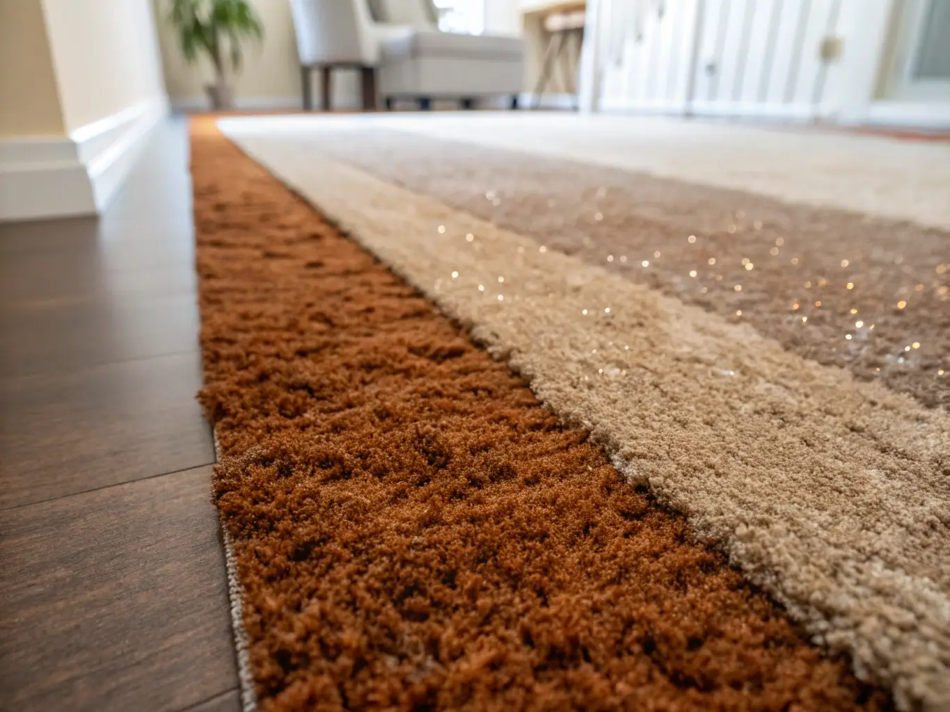 A before-and-after shot of a carpet, showcasing the dramatic cleaning results achieved by Czysta Chata's carpet cleaning service.